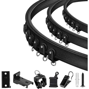 Ceiling Curtain Track, 12 Ft Black Flexible Bendable Curved Curtain Rail Wall Mount Sliding Ceiling Track System Set for Bay Window, Room Divider
