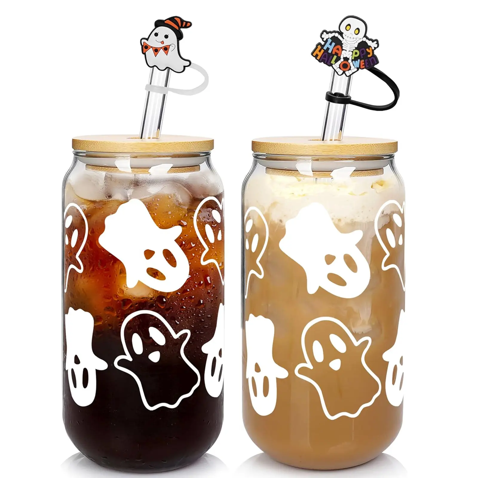 Summerween 18oz Spooktacular Ghost Decor Glass-Gifts for Women Iced coffee cups with lids and straws Party Essential Drinkware Set,Halloween Spooky Bamboo