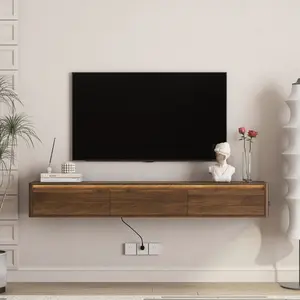 Floating TV Stand, Wall Mounted TV Shelf with Led Lights & Power Outlet,High Gloss TV Cabinet for Wood tv Stands for Living Room