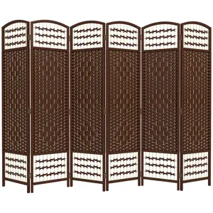 6 Panel Folding Room Divider Brown Wave Fiber Privacy Screen Freestanding Partition for Home Office Living Room Bedroom, Wood Frame with Arched Top, Woven Paper Rope Design, Light & Airflow, Folds Compact 15.5“W x 2.25”D x 67“H, No Tools Ready to Use