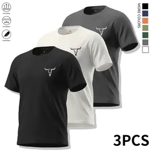 3-piece set for men: crew neck short sleeves, casual commuting wear suitable for offices, minimalist bull logo, quick-drying breathable stretch fabric
