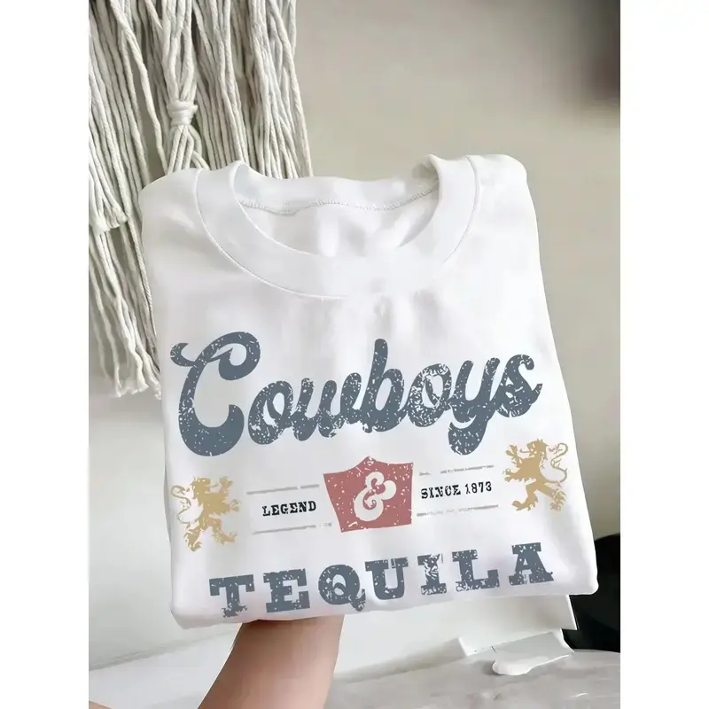 Women's Cowboy & Tequila Western Graphic Tee, Distressed Cowboy Tee, Summer Loose Fit Round Neck Short Sleeve, Casual Top for Gifts and Weekend Outfit, Concert Outfit, Barbecue Party, Oversized, Womenswear graphic tees