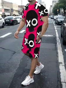 Men's Street Style Two-Piece Set, Skull Xo Print, Short Sleeve Round Neck, Quick-Dry Breathable, Casual Travel
