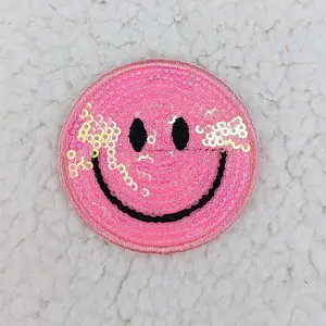 PINK Sequin Happy Face HAT/POCKET Patch