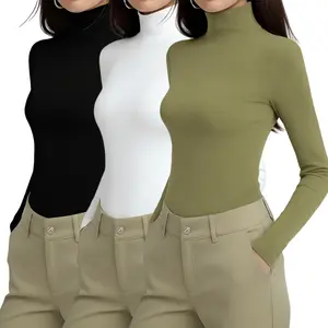 Women's Fitted Thermal Turtleneck 3pcs Set - Long Sleeve Soft Ruched Crop Shirts Chic Loungewear Sleepwear for Spring Fall
