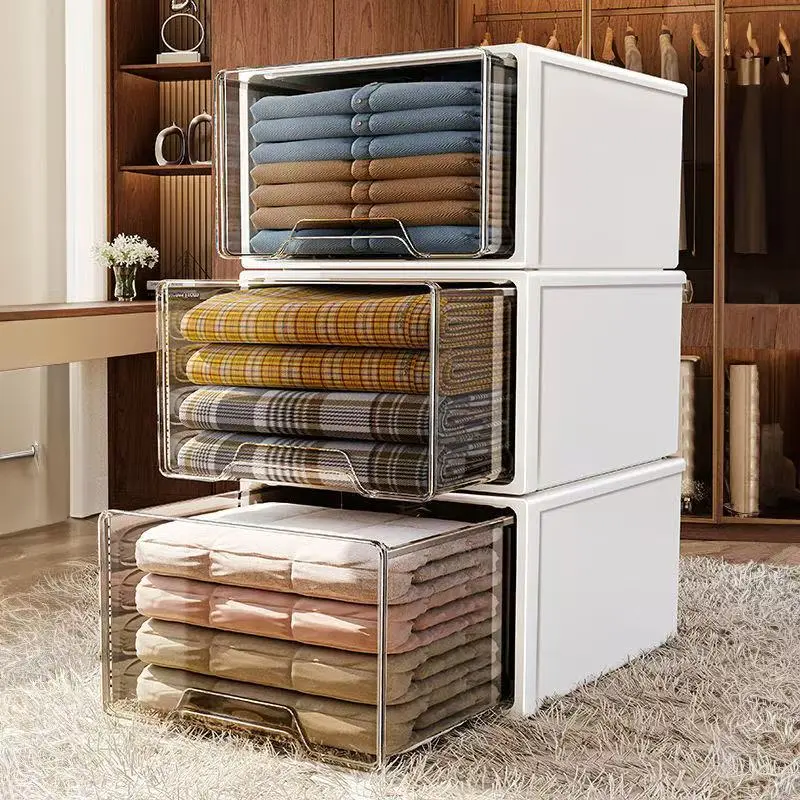 Stackable Storage Organizer with Transparent Drawers for Clothes and Linens - White