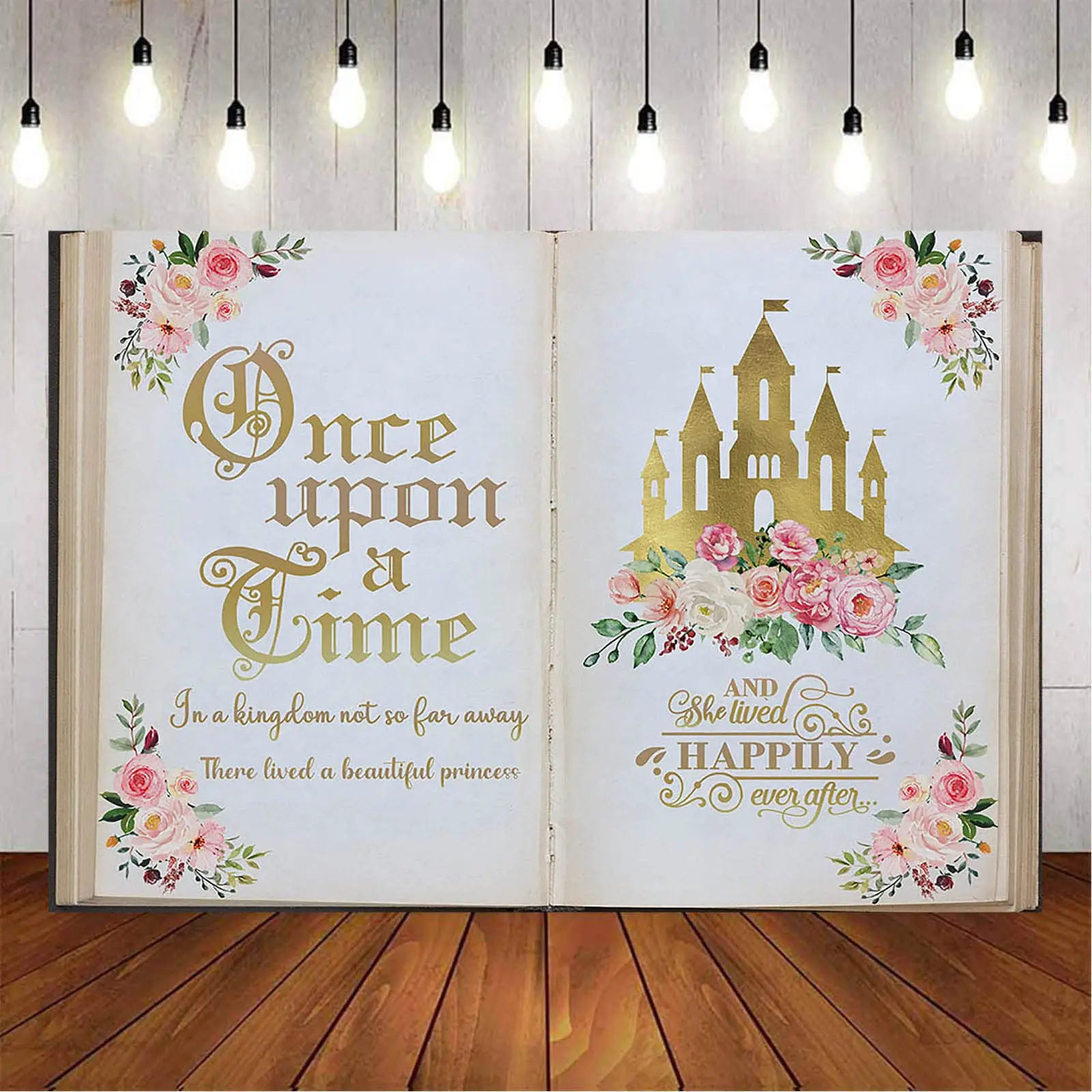 2D Flat Decorative Banner Once Upon a Time Floral Gold Castle Princess Happy Birthday Party Decoration, Photo Booth Backdrop, Cake Table Decor, Party Decoration Supplies