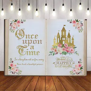 2D Flat Banner Once Upon a Time Floral Gold Castle Princess Happy Birthday Party Decoration, Photo Booth Backdrop, Cake Table Decor, Party Decoration Supplies