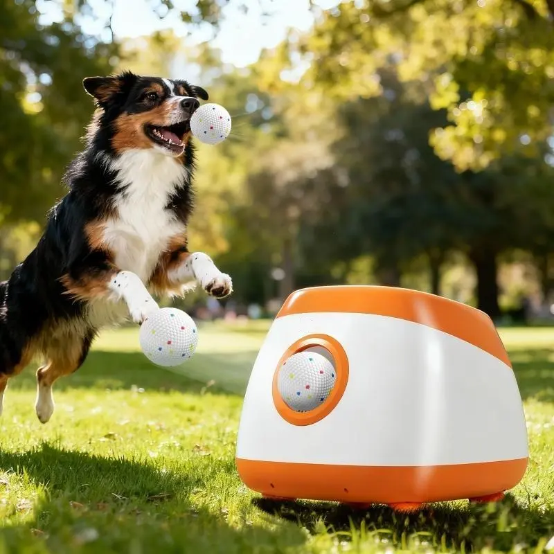 Automatic Dog Ball Launcher - 3-Range Adjustable Launch, 26-80 FT Range, 5200mAh Rechargeable Battery, 2.5 In Bouncy Ball Toy, Handsfree Play for Medium & Large Dogs, Orange, Indoor & Outdoor Use