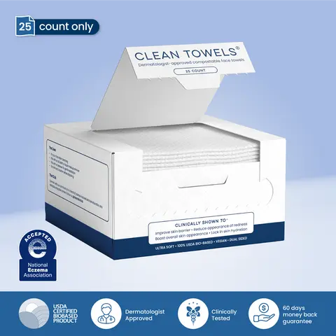 Clean Skin Club Clean Towels® 100% USDA Biobased Face Towel Disposable Eczema Association Accepted Makeup Remover Dry Wipes Ultra Soft 1 Pack 25 Ct for Facial Cleansing