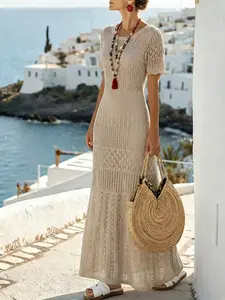 Boho Bohemian Feminine Hollow Out Knit Maxi Dress for Women Summer Beach Vacation Round Neck Short Sleeve Ruffle Hem Ruffled Casual Flowy Long Dress for Holiday Resort Weekend Outfit Lightweight Breathable Crochet Dress for Spring Summer Womenswear