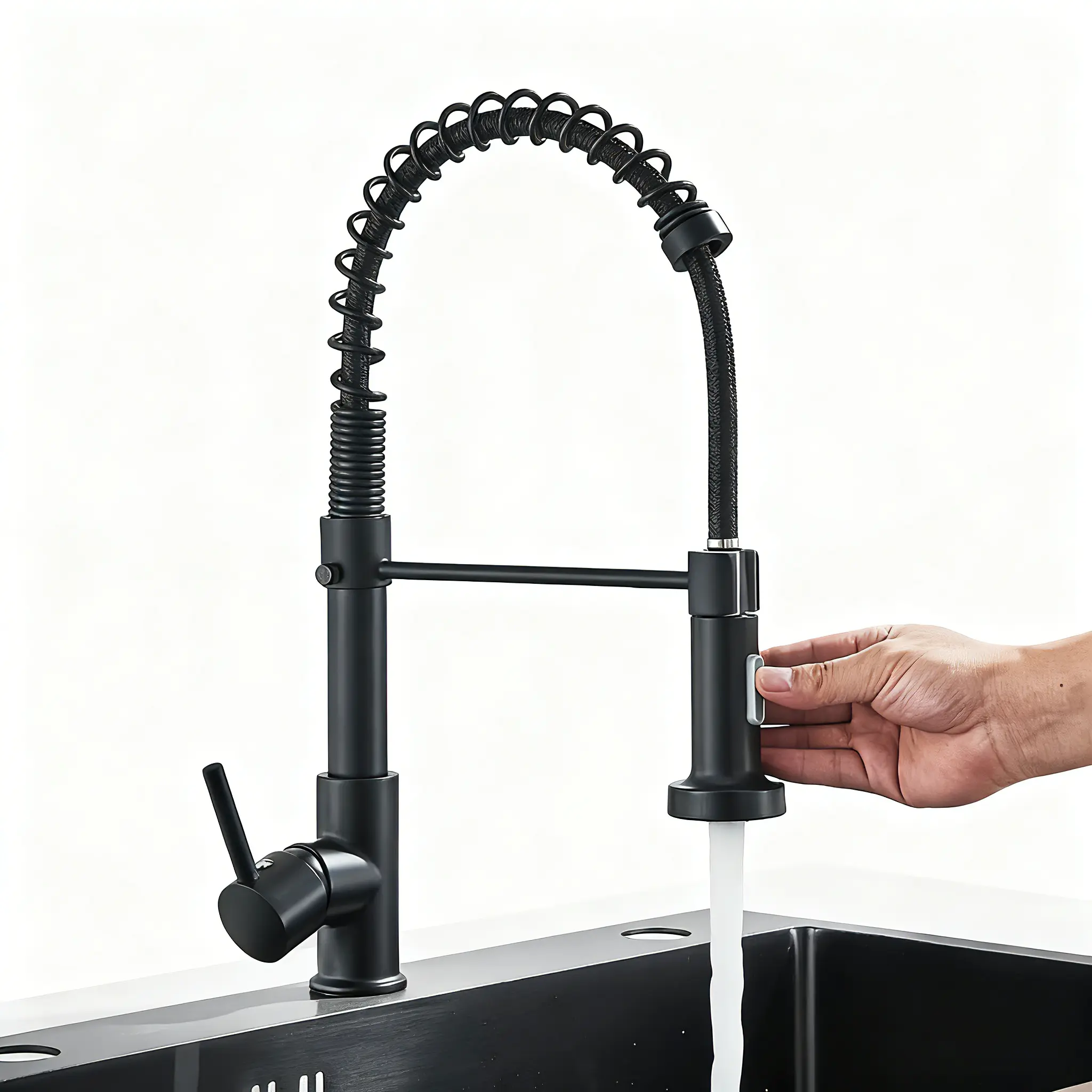 Matte Black Kitchen Faucet with 360° Swivel & Pull-Out Sprayer – Hot & Cold Mixer