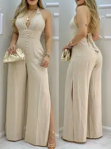 Women's Summer New Style One-Piece Jumpsuit, Mink Halter Waist Cinch Split Design, Button Front Slim Fit Elegance, Beach Casual Travel Lightweight, Overalls, Womenswear