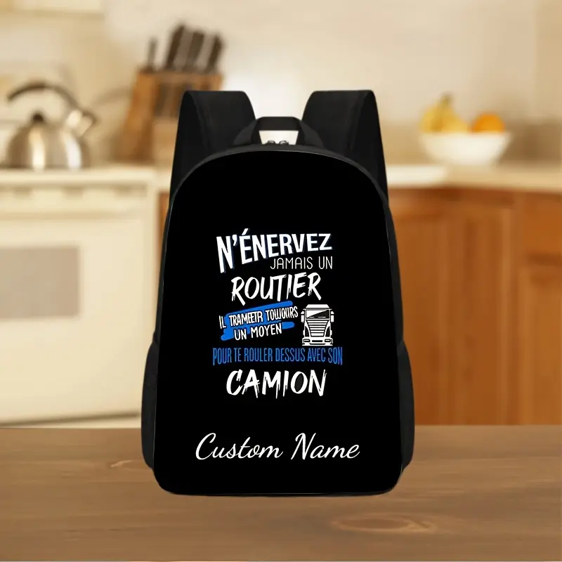 1 customizable black backpack made of lightweight materials with truck driver warning message theme pattern, equipped with adjustable shoulder straps and zipper closure, suitable for daily leisure commuting, hand washable