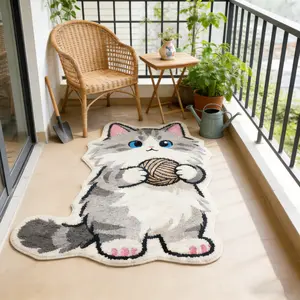 Cute cartoon cat-shaped rug, Kawaii rug,1 PC Creative design irregular-shaped carpet,Balcony floor mat,bedside rug,Soft and fluffy plush foot mat, home decoration,Suitable for balconies, bedside areas, living rooms