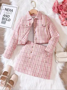 Girls' Elegant Plaid Set, Long Sleeve Button-Up Top, Flare Hem Tight Dress, Spring & Fall Fashion for Children