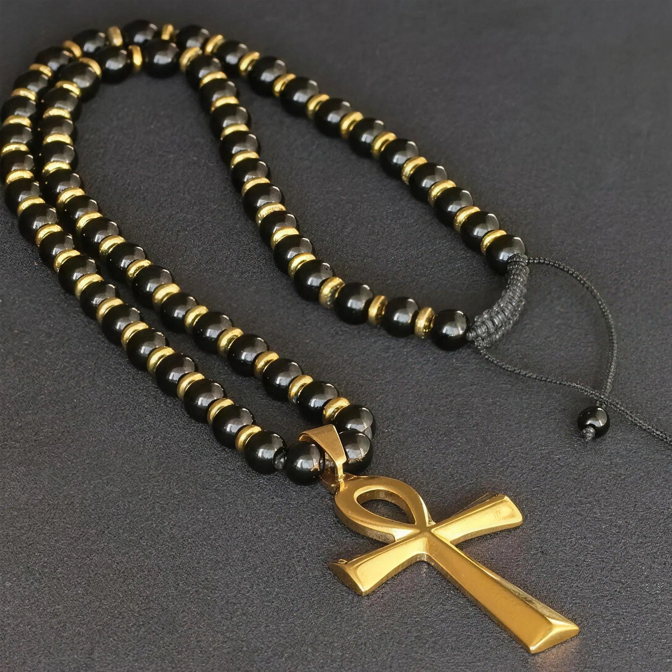 Unisex Egyptian Ankh Cross Beaded Pendant Chain - Natural Tiger Eye/Obsidian Gemstones, Adjustable Flexible Streetwear Punk Costume Jewelry Necklace for Casual Outfits