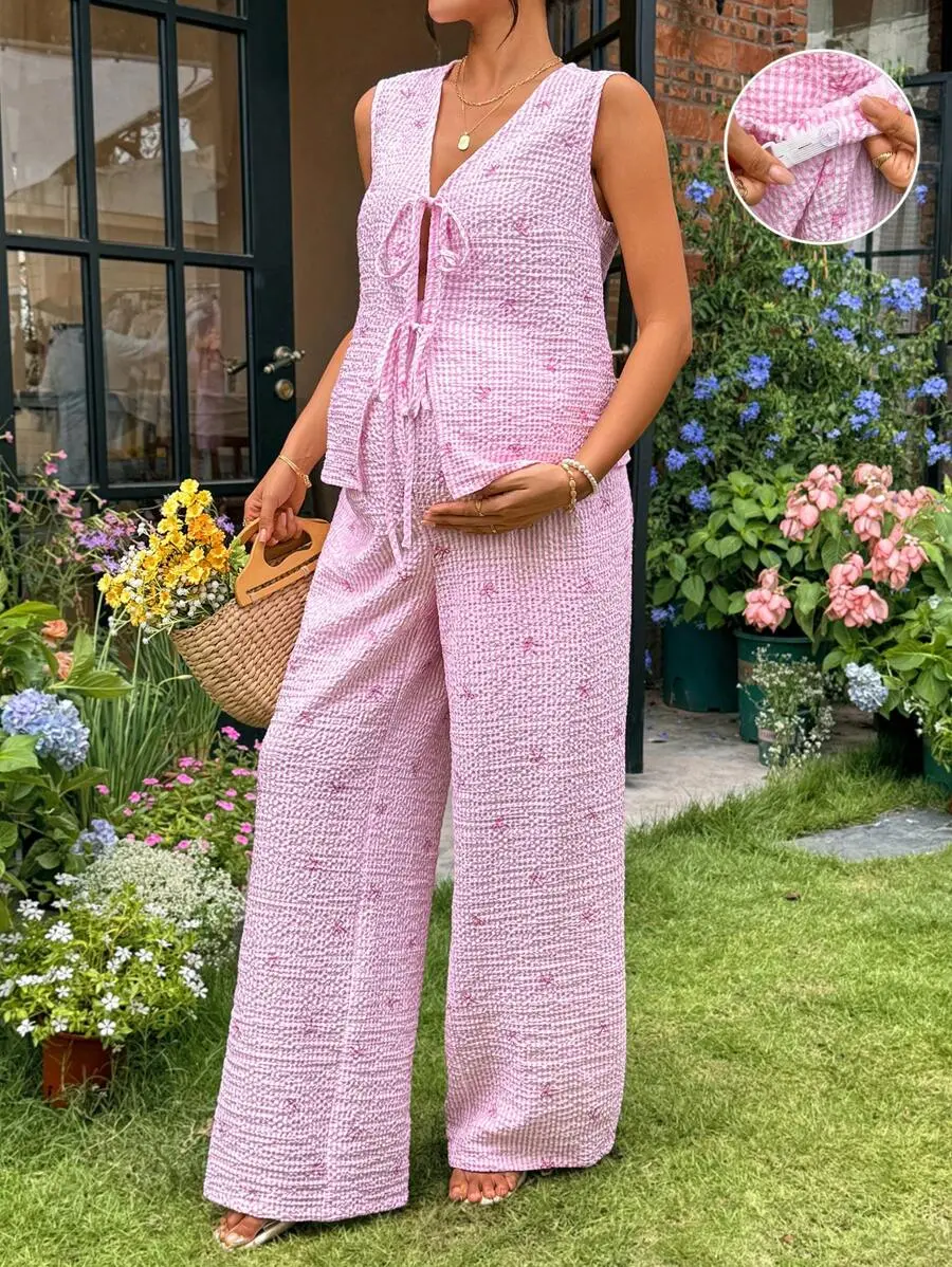 NANCY Maternity 2pcs/Set Maternity Pink Striped Bow Print Blouse And Pants Suit Old Money Streetwear Women Going Out Vacation Maternity Sets Summer Pink Maternity Set  Fall Women Clothes Party Outfit