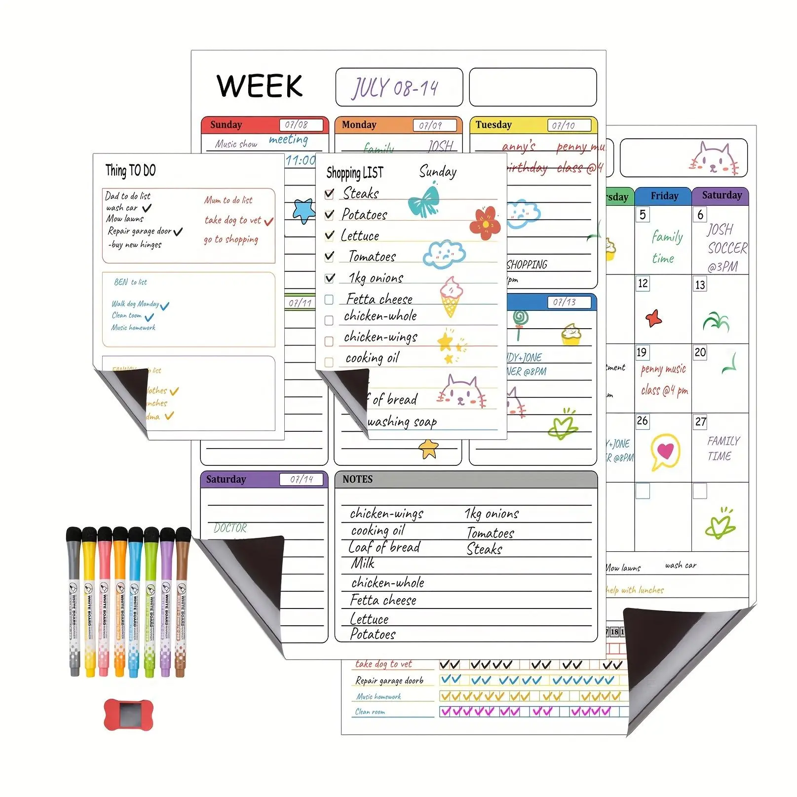 4-Pack Magnetic Dry Erase Calendar For Wall Erasable Whiteboard Set, Includes Monthly, Weekly Planner, Wall Planner, Diary Board, 8 Markers, Eraser, Ideal for Home & Office