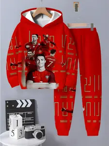 Boys Fashion Cristiano Ronaldo 3D Printed Casual Set Hoodies, Perfect Gift, Must-Have for Fans, Ideal for Outdoor Activities, Comfortable Fit