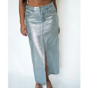 Modern Shine Light Wash Metallic Coated Denim Midi Skirt