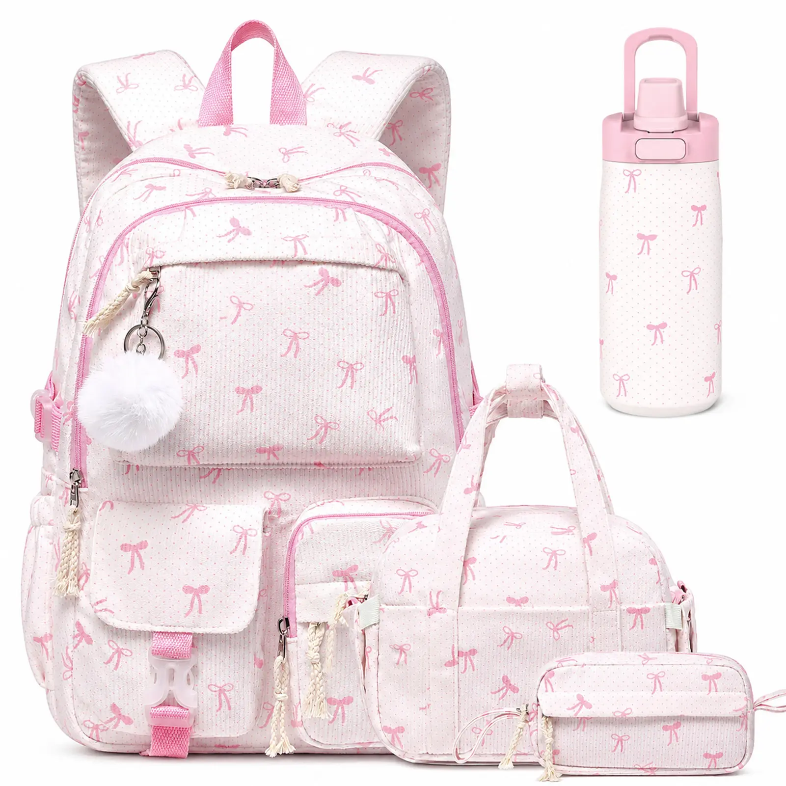 Similove Corduroy Floral Backpack for Girls, 3-Pocket Kawaii 3/4PCS Toddler Bookbag with Lunch Bag&Pencil Case&Water Bottle, Lightweight Casual Daypack for Preschool Travel