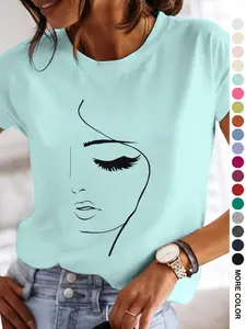Casual Women's T-Shirt Fit, Hand Draw Face Graphic Print, Round Neck Short Sleeve Printed Top , 2-Way Layering/Solo Wear ,Spring Summer & Year-Round Commute-Ready