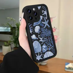 Black and Blue Starfish & Seashell Pattern Case — Compatible with iPhone 17, 16, 15, 14, 13, 12, 11 Pro Max — Dustproof, Non-slip, and Drop-Resistant
