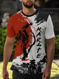 Men's Karate Warrior Print T-Shirt, Japanese Ukiyo-E Style Top, Casual Short Sleeve Streetwear, Martial Arts Theme Summer Shirt