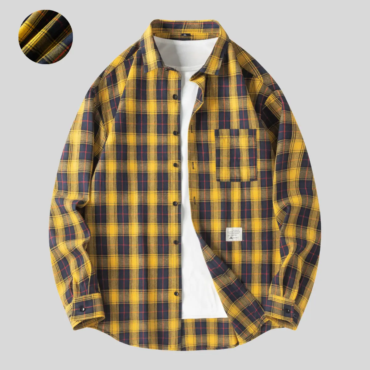 Men's contrast color vintage plaid long-sleeve stand collar buttoned jacket with front chest pocket and letter embroidery, suitable for spring and autumn seasons as an outerwear