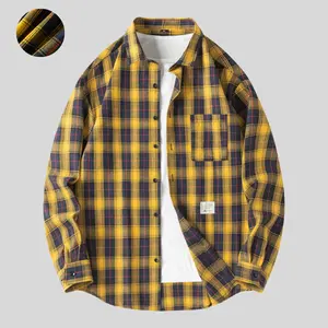 Men's contrast color vintage plaid long-sleeve stand collar buttoned jacket with front chest pocket and letter embroidery, suitable for spring and autumn seasons as an outerwear