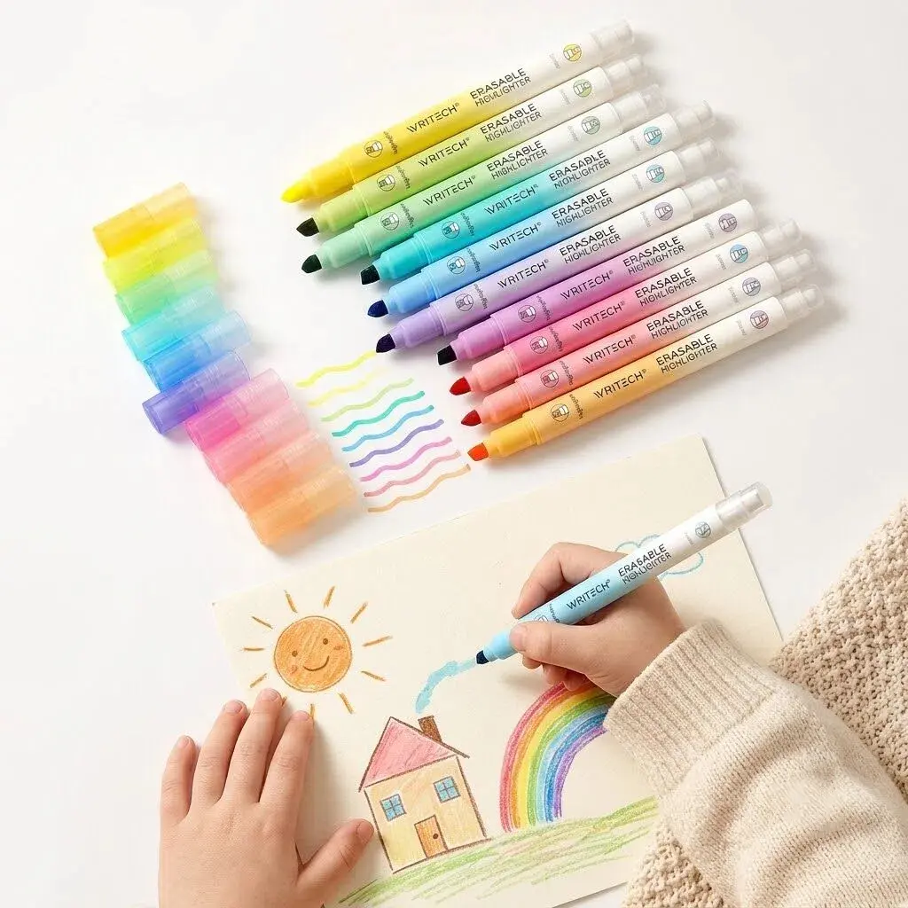 12-Pack Erasable Highlighter Pens, Double-Head Chisel & Eraser Tip Marks, Vibrant Quick-Drying No-Bleed Fluorescent Ink, Assorted Colors for Journaling, Office, Crafts
