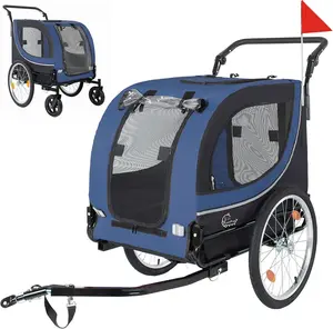 2-in-1 Bike Trailer & Pet Stroller for Dogs up to 100lbs – Foldable Pet Carrier Cart with Two 8" Front Casters & 20" Quick Release Air-Filled Wheels, Breathable Mesh & PVC Rain Cover, Dark Blue