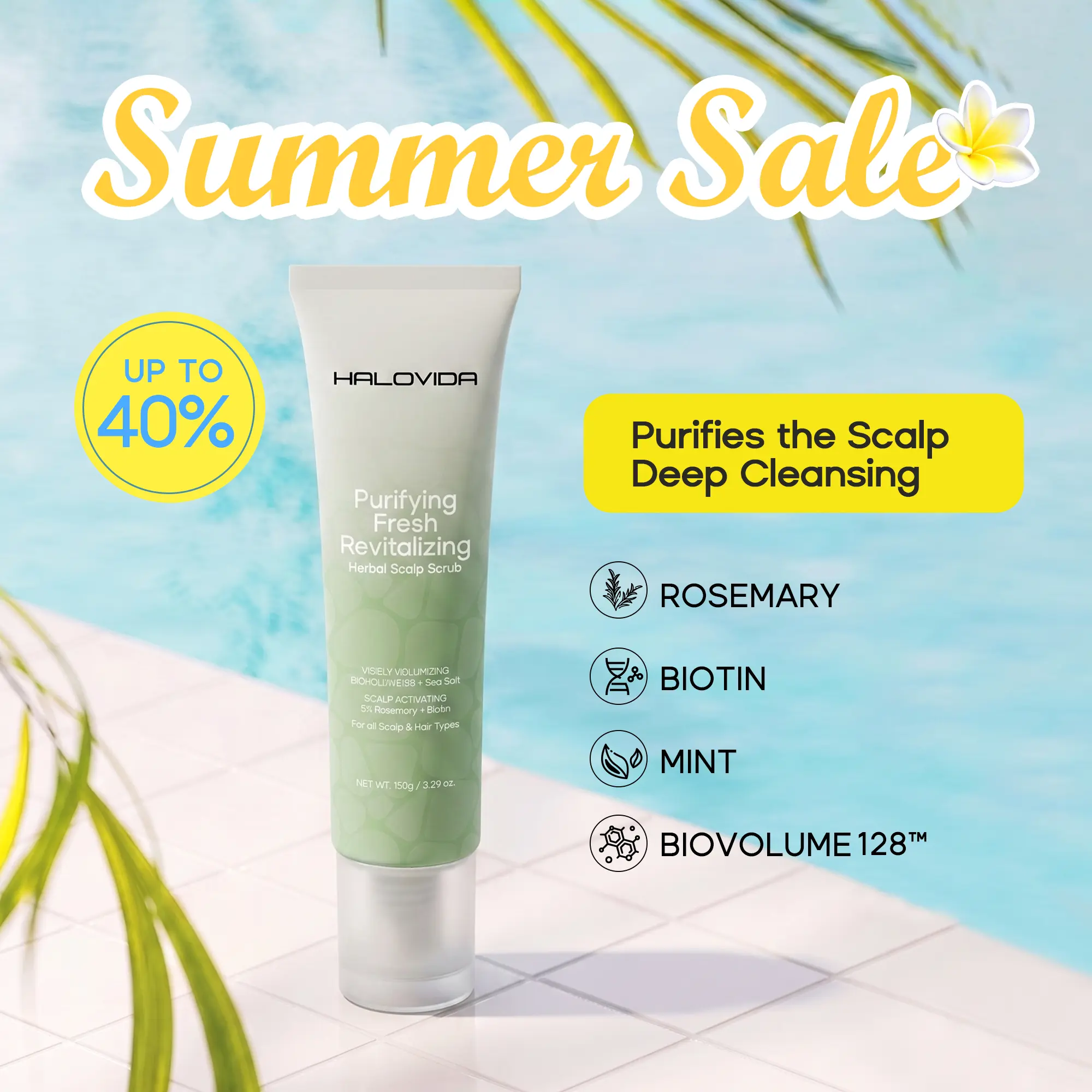 HALOVIDA BIOVOLUME128,Biotin,Rosemary Mint Herbal Scalp Scrub shampoo for Scalp Calming,Natural Volume Boosting,Pure,Deep Cleanser, & hair Refreshing All In One ,Paraben Free,Gentle formula for all types,150g