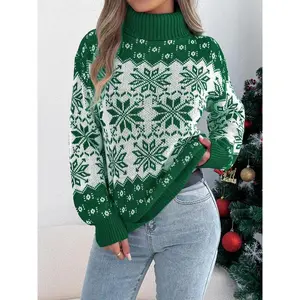 Women's Christmas Snowflake Print Drop Shoulder Sweater, Casual Long Sleeve High Neck Jumper for Fall & Winter, Women's Knitwear for Daily Wear