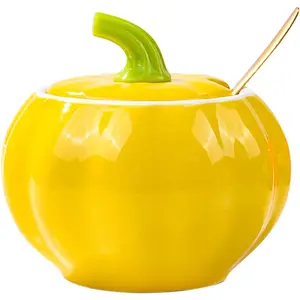 10 Oz Sturdy Smooth Ceramic Pumpkin Canister with Lid & Spoon, Yellow Kitchen Storage Container for Coffee, Condiments, Spices, Jam & Honey, Microwave-Safe Bowl for Fall Harvest Decor