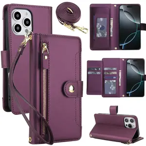 PU Leather Wallet Case for iPhone 17/16/15/14/plus/pro Max, Cash, Stand & Crossbody Design, Zipper Closure, Wrist Strap Included
