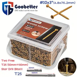 Torx Head Wood Deck Screws with Yellow Finish, Free T25 Driver Bit & Assorted Sizes (10×3/4in, 10×4in, 10×3-1/2in, 9×2-1/2in, 8×2in) for Outdoor Fencing & Construction Projects