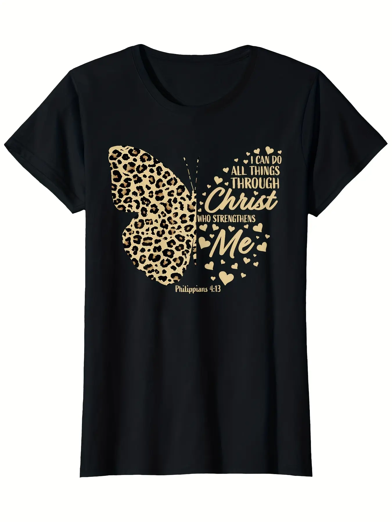 Women's Plus Size Soft 100% Cotton Tshirt - Comfy Everyday Short Sleeve Crew Neck Tee with Gold & White Inspirational Butterfly Leopard Print & Philippians 4:13, Top