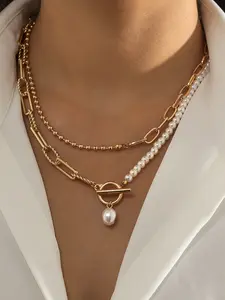 New Multi-Layer Baroque Necklace, Imitation Pearl Chain Ot Pendant, Dangling Pearl Necklace, Fashion Jewelry Accessory, Streetwear Statement Jewelry, Stylish Neckwear for Women, Stackable Clavicle Chain
