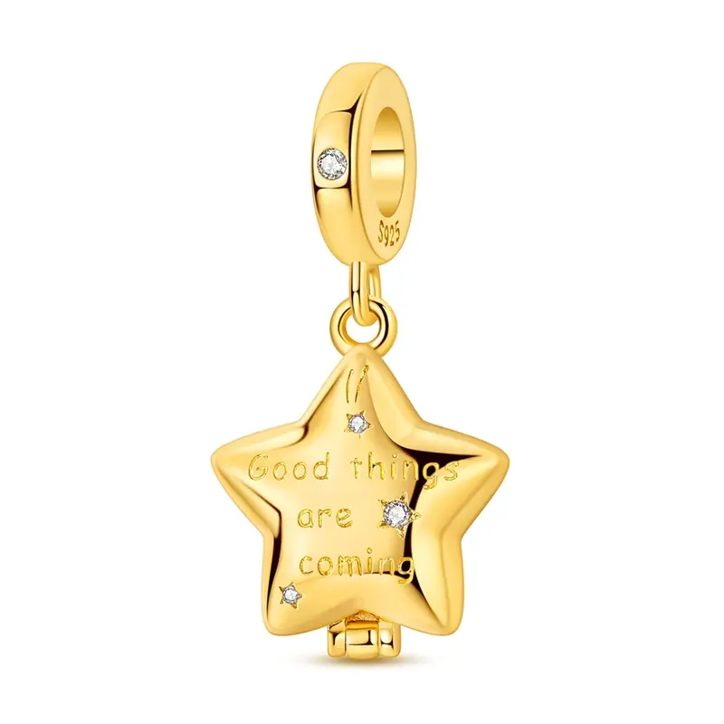 MULA 14K Gold Plated Star Charm for Pandora Bracelet – Openable Locket Dangle Bead with "Good Things Are Coming" Engraving & Hidden Colorful Crystals, Inspirational Positivity Jewelry Gifts for Women, Charms Necklace, Star Shaped