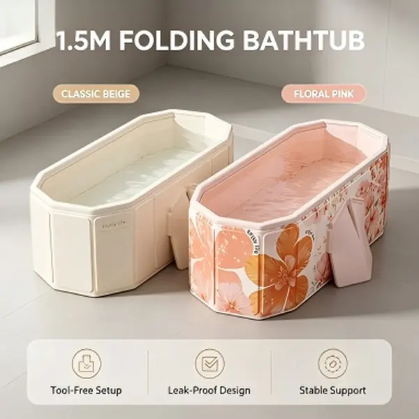 Portable Foldable 1.5M Bathtub - Freestanding Collapsible Bath Tub for Home Spa, No Assembly, Leak-Proof Thick Material, Sturdy Support, Space-Saving for Indoor Camping & Hiking Relaxation