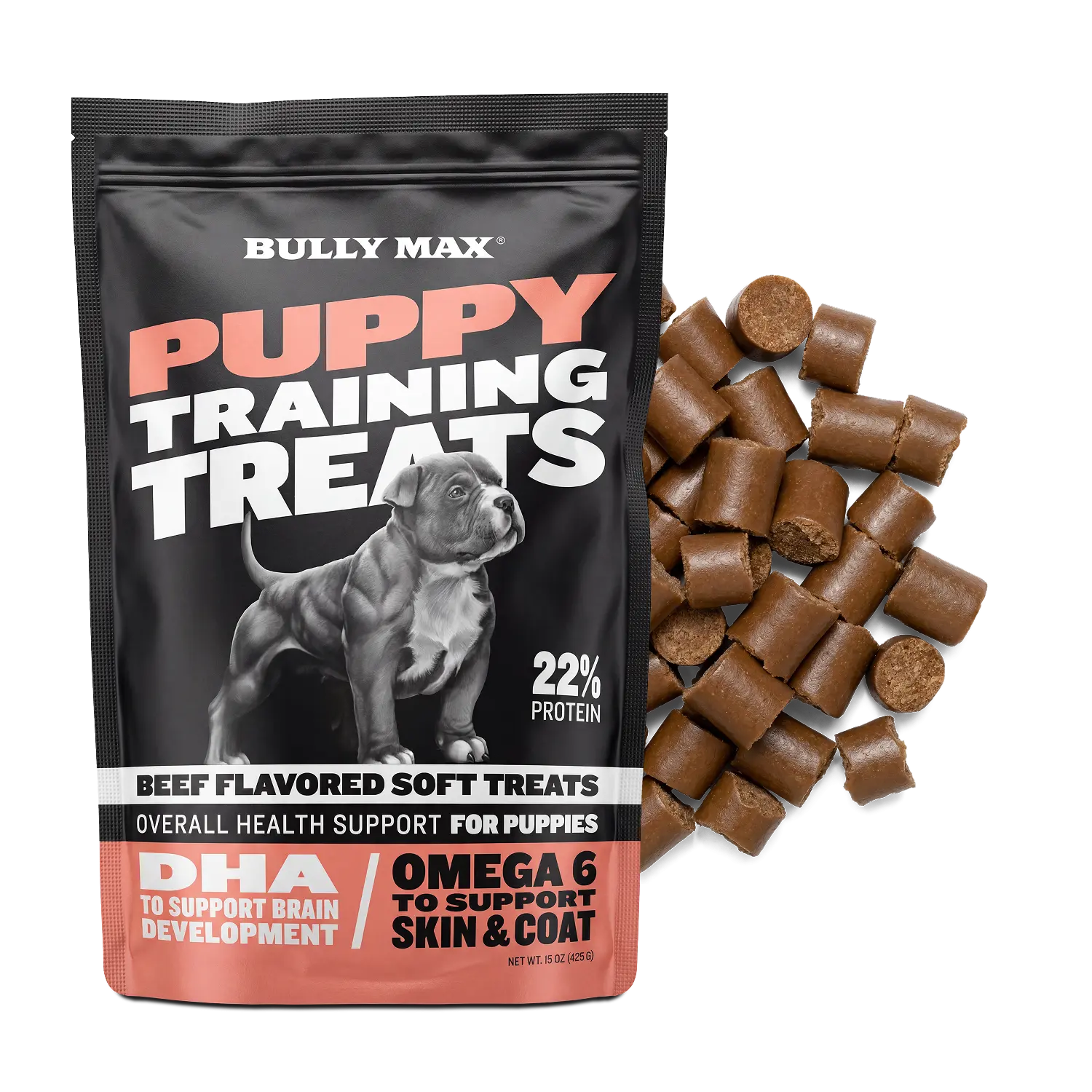 Bully Max Puppy Training Treats - Gelatin & Carob Chews with DHA for Brain Development, 22% Protein for Growth, Tapioca Starch, Ideal for US Feeding Needs, Puppy Chews, Muscle Growth
