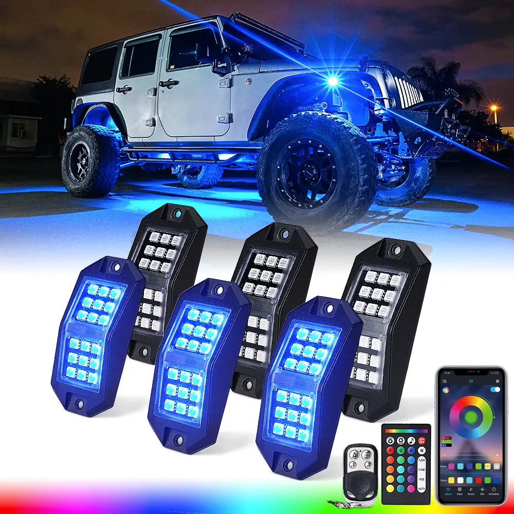 XPRITE Rock Lights Wide Angle Bluetooth RGB Rocklights, Multicolor Neon Lighting Footwell Underglow Kits w/Wireless Remote, Compatible Jeep UTV ATV SUV RZR Off-Road Trucks Cars Boats - 6PC, 8PC, 10PC