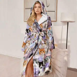 Plus Size Hooded Bathrobe for Women, Soft Plush Long Robe with Cat Pattern, Perfect Gift for Mother and Wife, High-Quality Ladies' Casual Loungewear