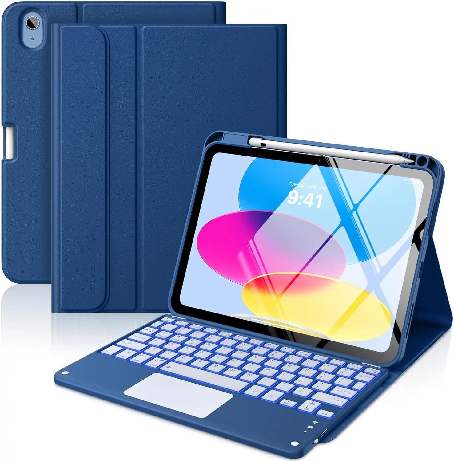 MoKo Magnetic Adjustable Wireless Tablet Keyboard Case for iPad (A16) 11th Gen 11in 2025 & 10th Gen 10.9in, with Pencil Holder, 7-Color Backlit Multi-TrackPad Detachable Bluetooth Accessories, Navy Blue