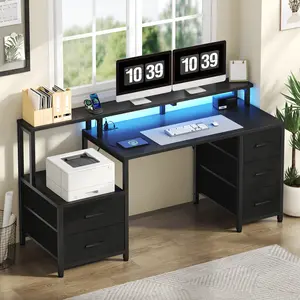 67'' Computer Desk with 4 Drawer, Printer Cabinet and Power Outlet 67'' Computer Desk with 4 Drawer, Printer Cabinet and Power Outlet