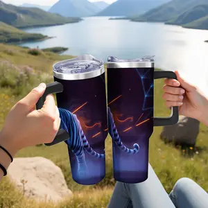 Double Wall Insulated Tumbler Mug - Purple with Neon DNA Strand Design - Outdoor Hiking and Camping Drinkware