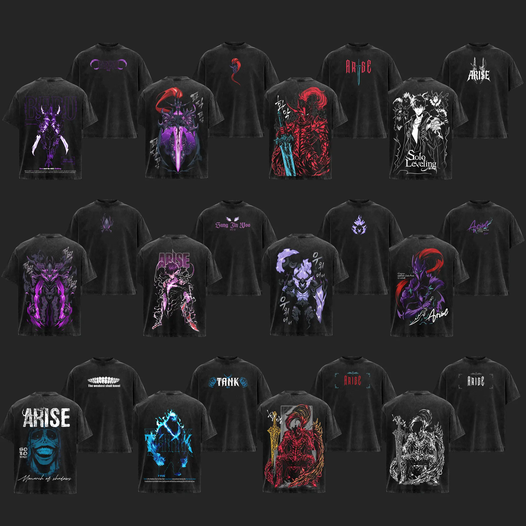[COLLECTION] Shadow Soldiers IGRIS, IRON, TANK, BERU T-shirt Sung Jin-Woo Solo Leveling Anime Double Printed Vintage Washed Tee Unisex Oversize Anime Manga Washed Heavyweight Cotton T-shirt Menswear