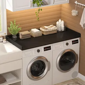 Aheaplus Washer and Dryer Countertop, Laundry Room Organization with Non-Slip Pads, Wood Shelf Topper with Round Corner Edge Rails, Folding Organizer for Laundry, 54" W x 27.5" D, Black